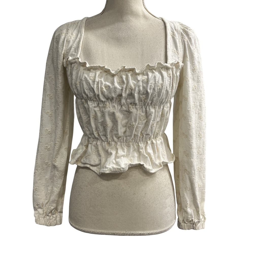 En Saison Top White Denim Crop Smocked Floral Milkmaid Size XS Cottagecore